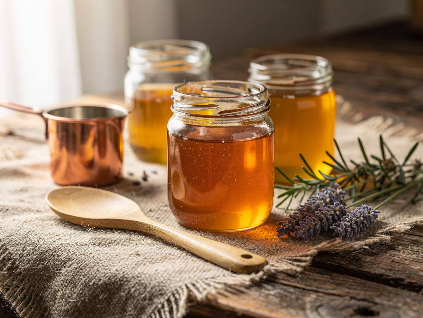 Wooden crate filled with raw honey and preserves
