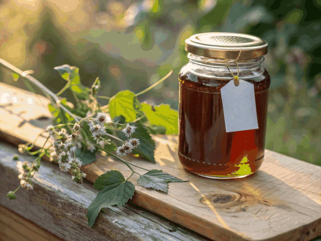 Honey and jam jars on a wooden board